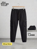 Men's Cotton Black Cargo Trouser - Elastic Waist