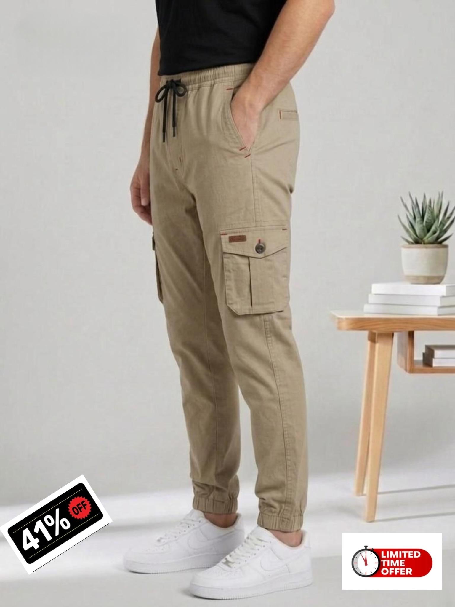 Men's Urban Cargo Beige Trousers | Multi-Pocket Streetwear Style