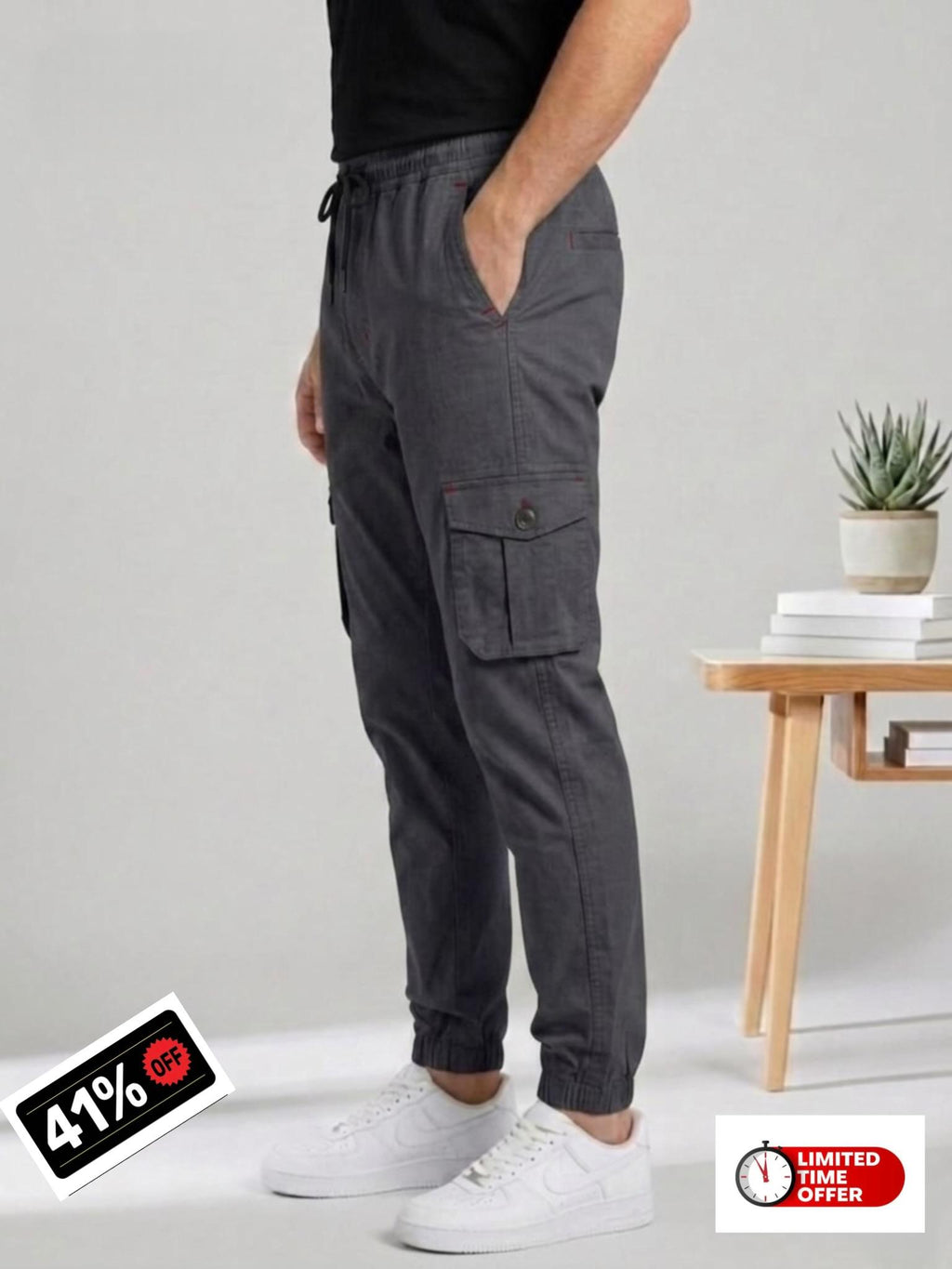 Men's Urban Cargo Charcoal Grey Trousers | Multi-Pocket Streetwear Style