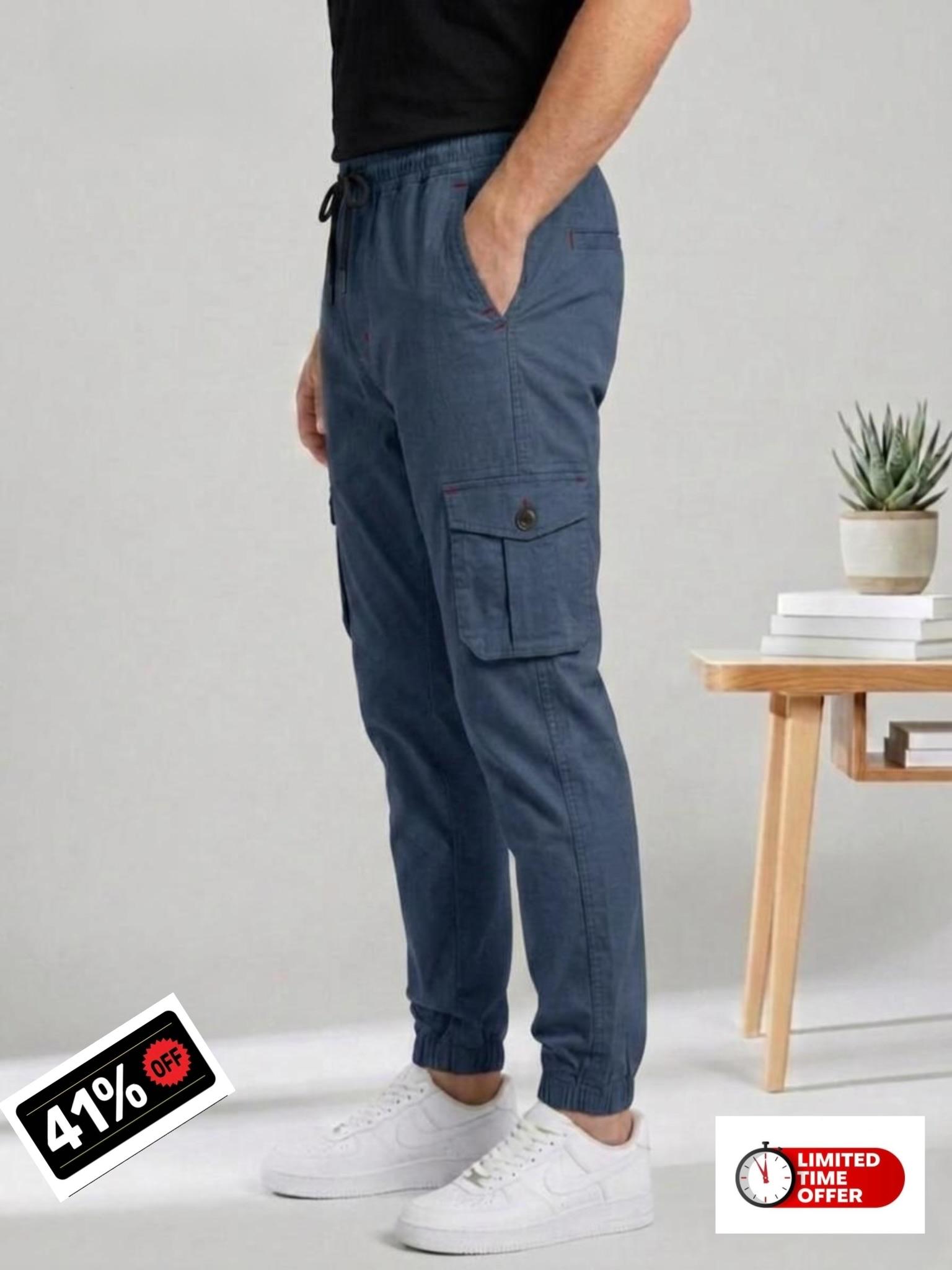 Men's Urban Cargo Slate Blue Trousers | Multi-Pocket Streetwear Style