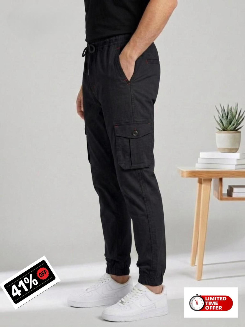 Men's Urban Cargo Black Trousers | Multi-Pocket Streetwear Style