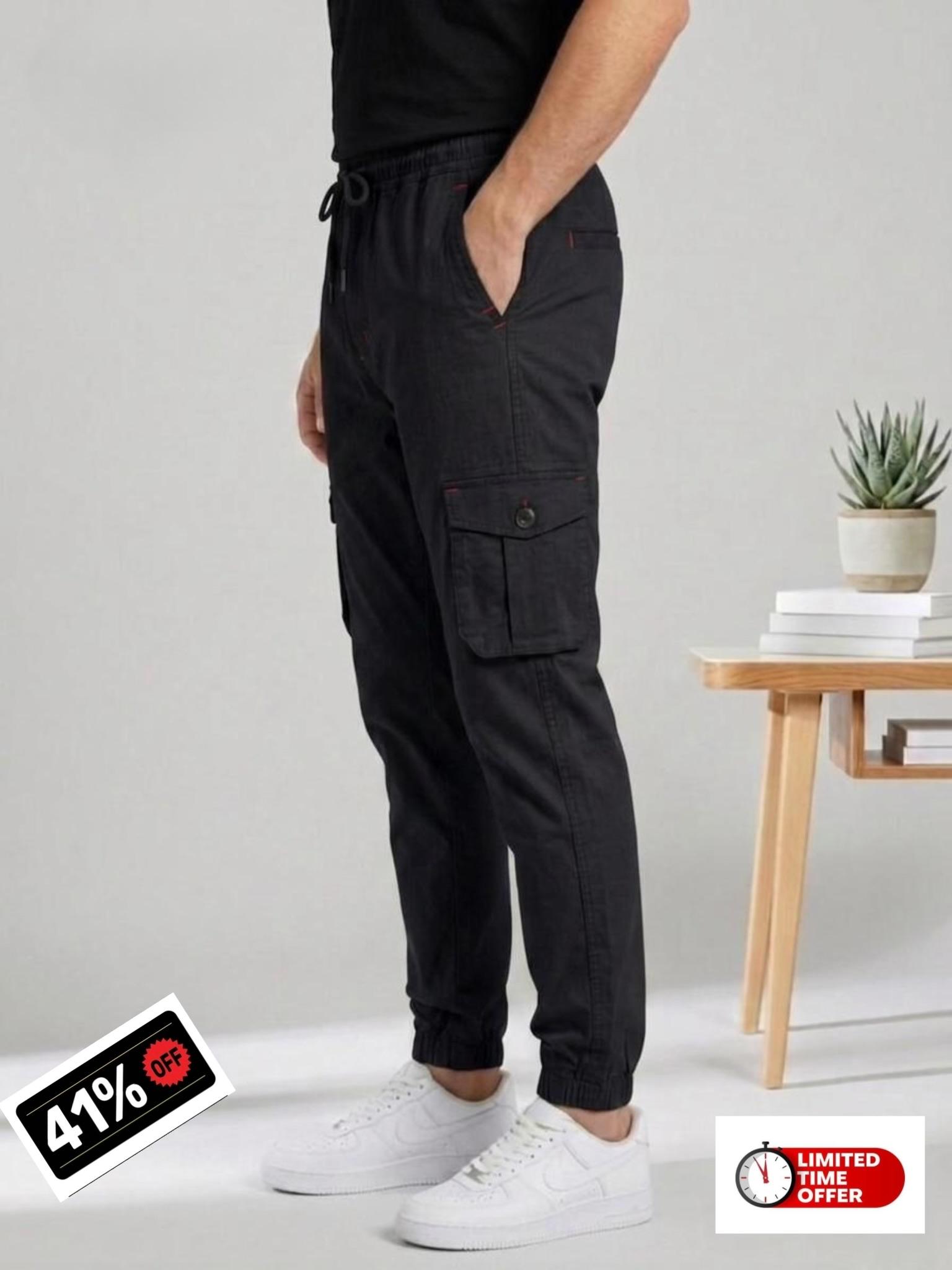 Men's Urban Cargo Black Trousers | Multi-Pocket Streetwear Style