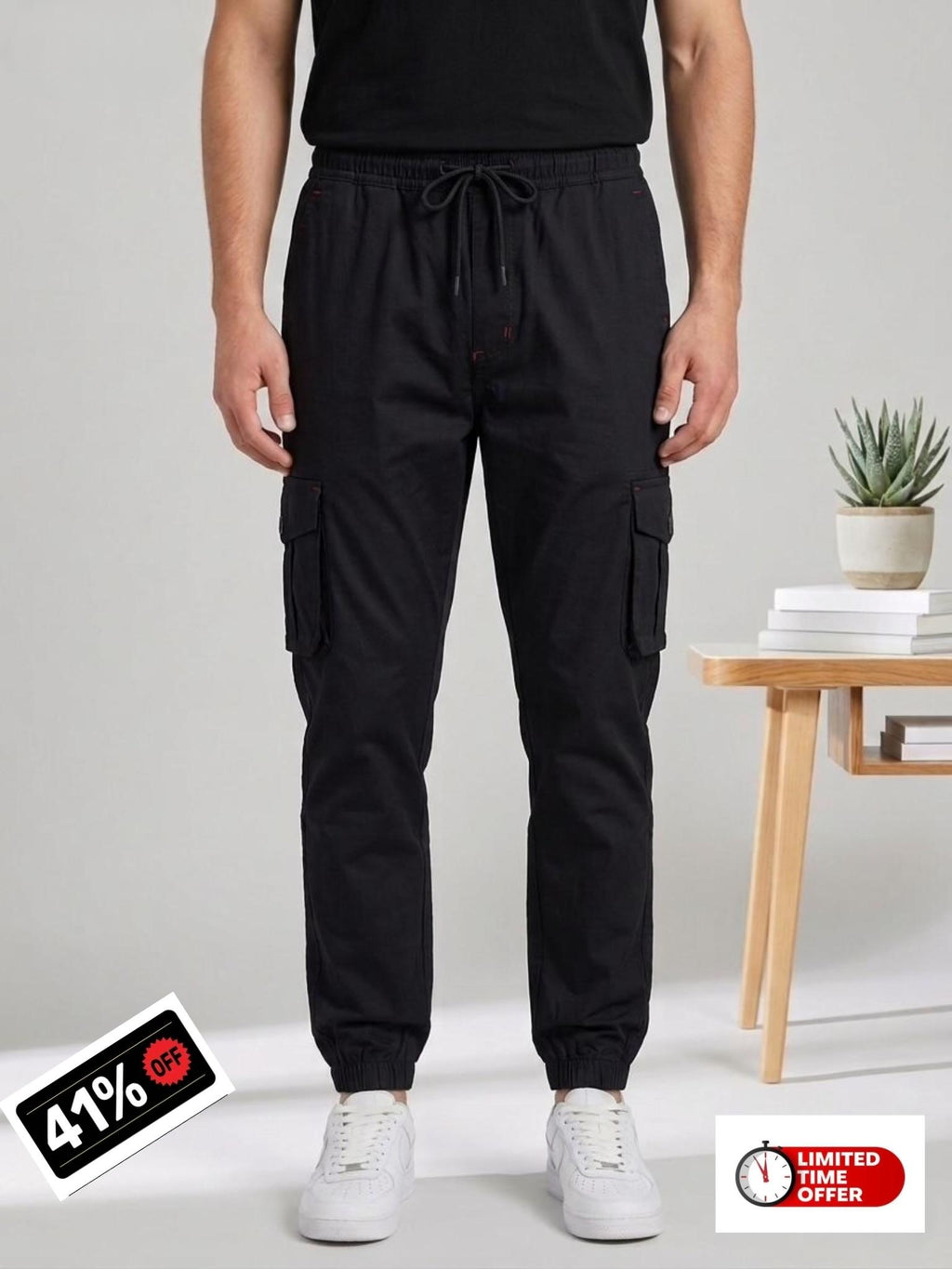 Men's Urban Cargo Black Trousers | Multi-Pocket Streetwear Style