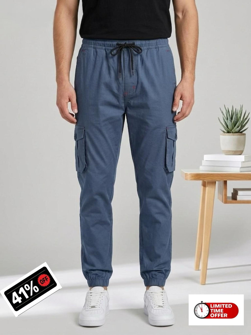Men's Urban Cargo Slate Blue Trousers | Multi-Pocket Streetwear Style