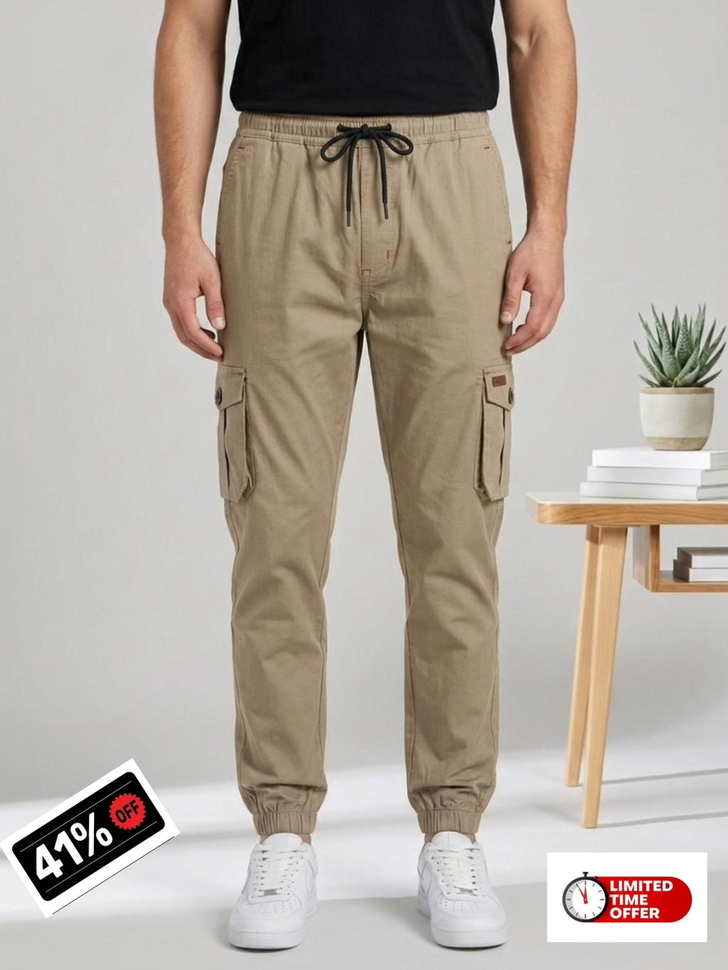 Men's Urban Cargo Beige Trousers | Multi-Pocket Streetwear Style