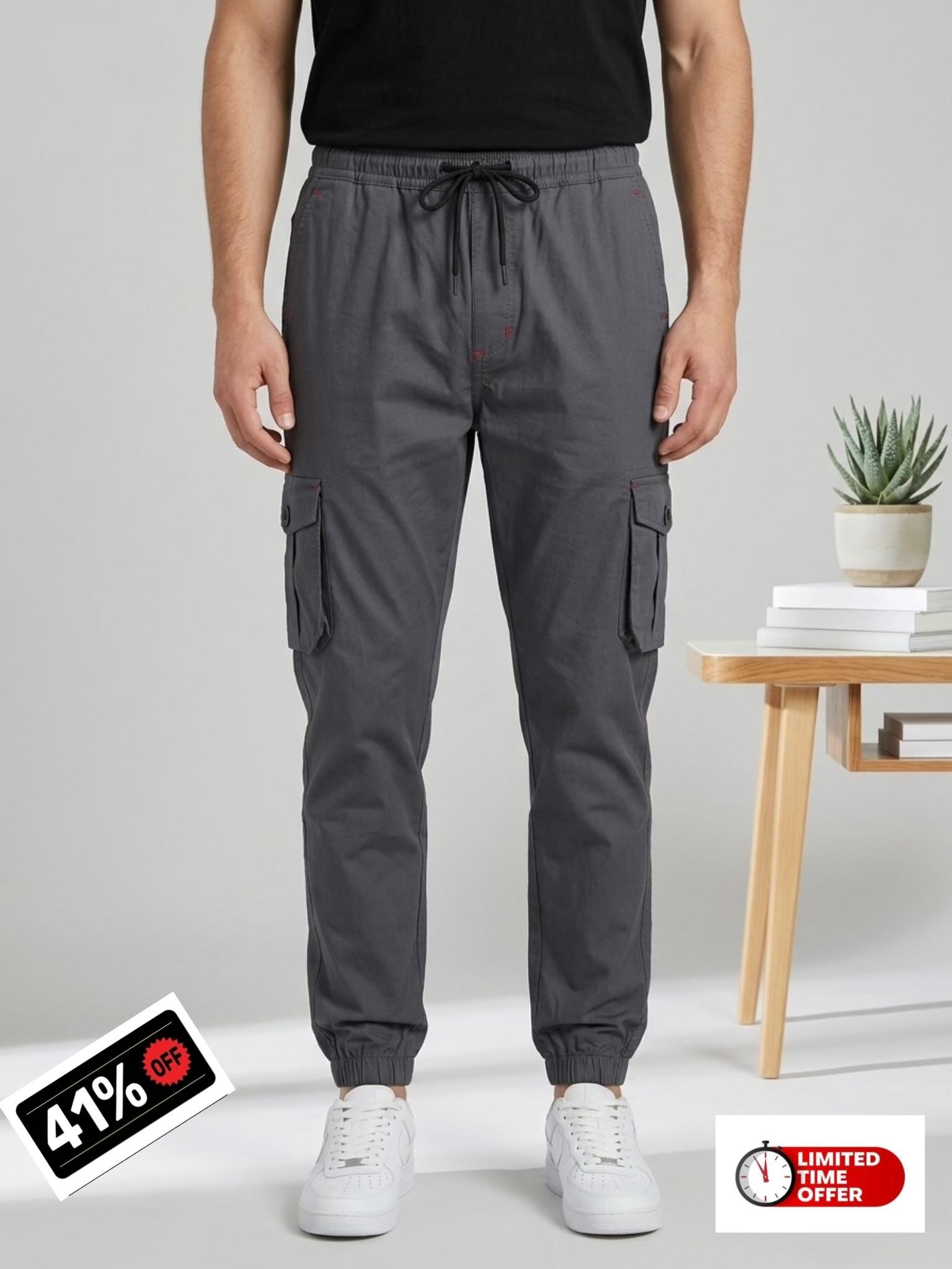 Men's Urban Cargo Charcoal Grey Trousers | Multi-Pocket Streetwear Style